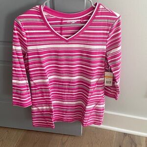 NWT Kim Rogers Pink and White Striped V-Neck 3/4 Sleeve Top